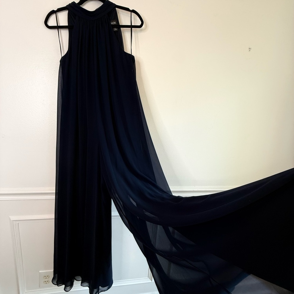 NEW MSK Tie Back Chiffon Wide Leg Navy Halter Neck Evening Jumpsuit - Picture 5 of 11
